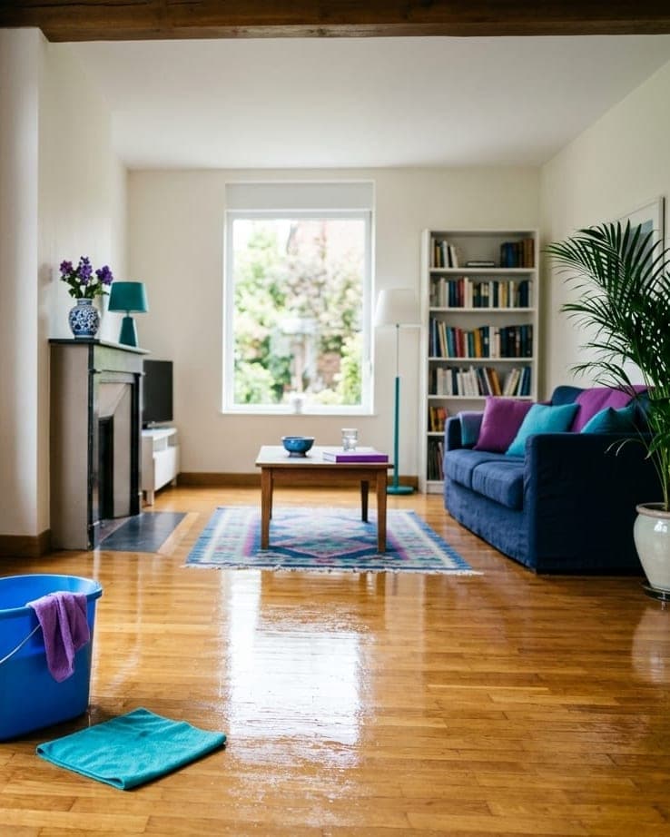 Salon clair de maison de briques, parquet ciré brillant, seau bleu et microfibre turquoise au premier plan